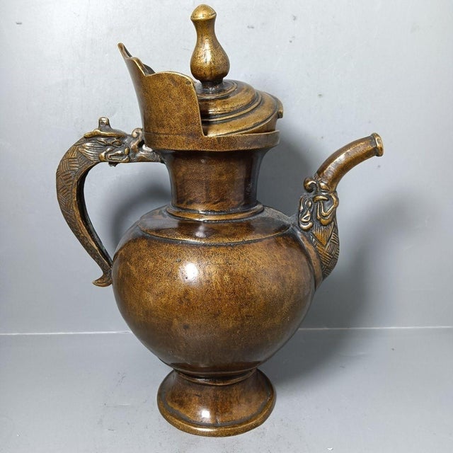Chinese Vintage Chinese Brass Dragon-Handled Ewer / Teapot, 10" Tall For Sale - Image 3 of 9