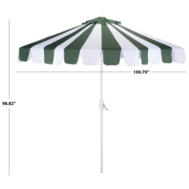 Modern Meze 9 Ft Crank Umbrella, Green Cabana Stripe/White Pole For Sale - Image 3 of 9