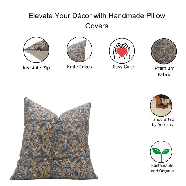 Fabdivine Floral Block Print Pillow Cover 22x22 Inch Duck Canvas-Kamal Dutta For Sale - Image 4 of 4