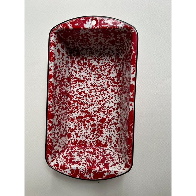 Metal Vintage Red & White Splatter Enamelware Loaf Pan For Sale - Image 7 of 14