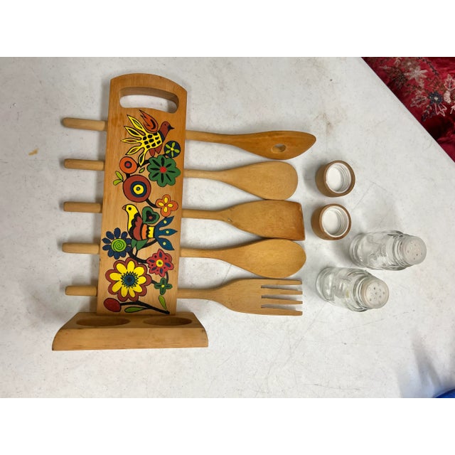 Mid Century Wooden Spoon Holder with Salt & Pepper Set -8 Pieces For Sale - Image 10 of 10