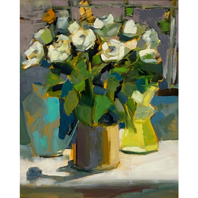 Wood Contemporary British Framed Oil Painting on Canvas (White Roses in Mustard Pot) For Sale - Image 7 of 12