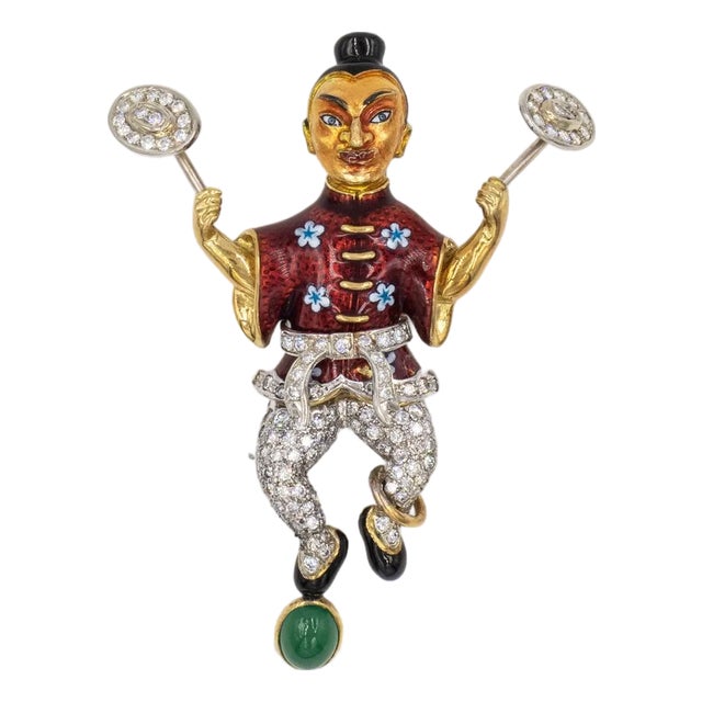 1970s Vintage 18k Yellow Gold Diamond Enamel Juggler Brooch For Sale