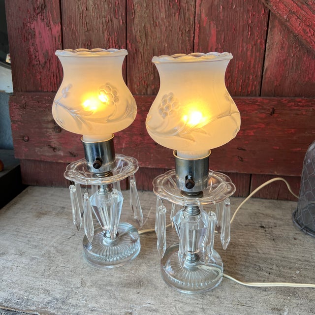 Pair of Vintage Crystal Boudoir Table Lamps With Frosted Floral Glass Shades For Sale - Image 4 of 18