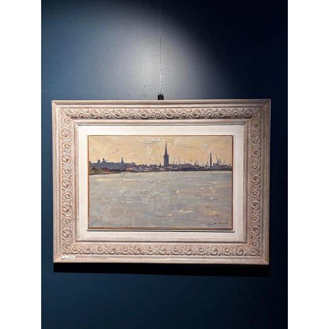 Modern Boris Lavrenko, Backlight on the River, Northern European City, 1970s, Oil Painting For Sale - Image 3 of 8