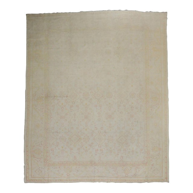 Feminine Pale Cream Antique Turkish Oushak Rug, 20th Century - 11' x 15'3" For Sale