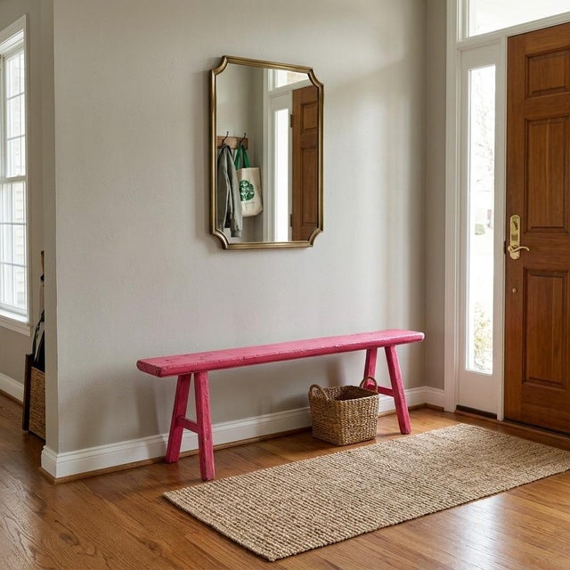 Bright Pink Wood Grain Rectangle Long Slim Stool Bench Side Table For Sale - Image 4 of 10