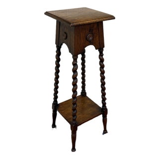 Antique English 4-Post Barley Twist Pedestal Plant Stand Jacobean Oak 36" Tall For Sale
