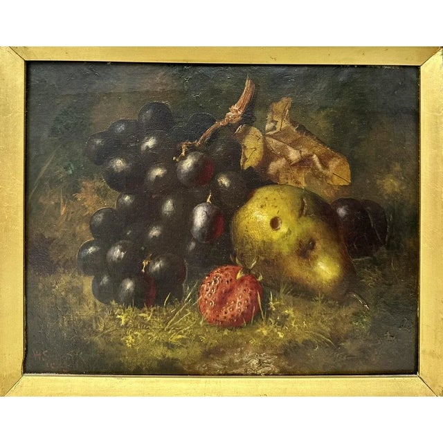 English Antique Still Life Fruits Oil on Canvas English Oil Painting Giltwood Frame For Sale - Image 3 of 9