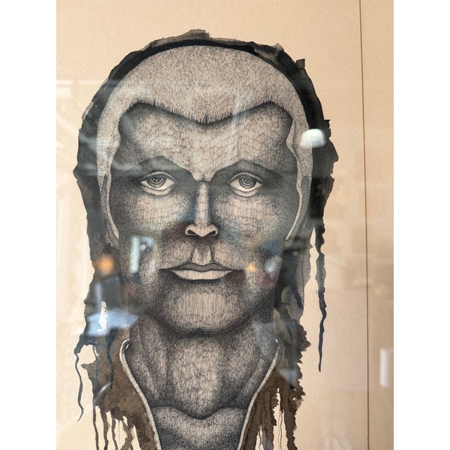 1970s 1970’s Ralph “Gus” Kniffin Native American Portrait Pen & Ink Painting Framed Under Glass For Sale - Image 5 of 12