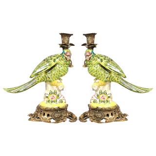 French Porcelain Parrot Candleholders, Set of 2 For Sale