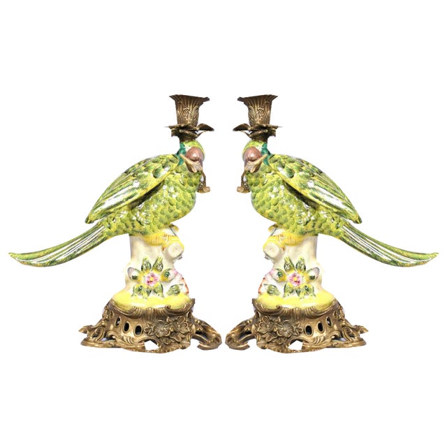 French Porcelain Parrot Candleholders, Set of 2 For Sale