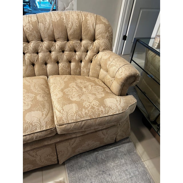English Tufted Roll Arm Cream Damask Sofa With Three Down Filled, Removable, Reversible Cushions in Perfect Condition- Final Discounted Price! For Sale - Image 4 of 11