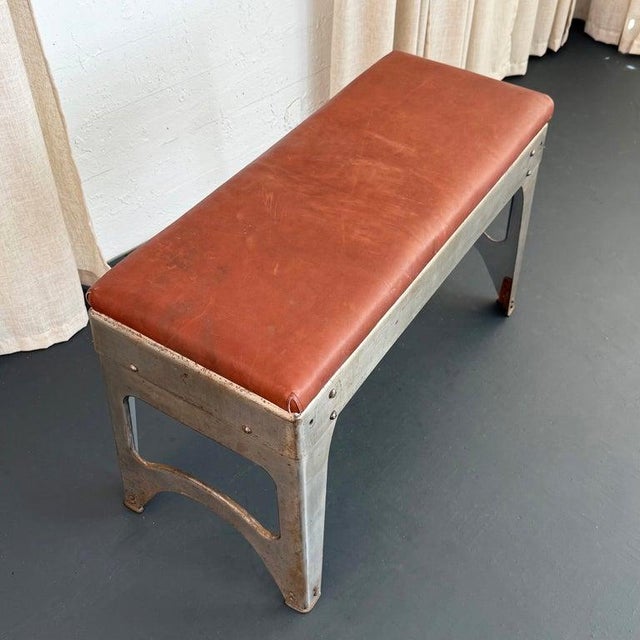 1940s Custom Industrial Brushed Steel and Leather Bench For Sale - Image 4 of 9