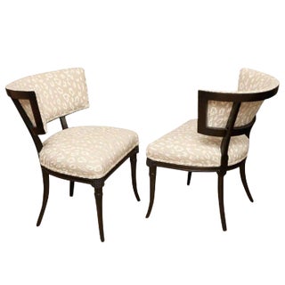 Vintage 1940's Grosfeld House Regency Wood Side Chairs With Cream and Off White Leopard Upholstery Pair Of For Sale