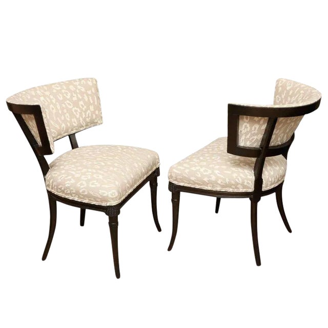 Vintage 1940's Grosfeld House Regency Wood Side Chairs With Cream and Off White Leopard Upholstery Pair Of For Sale