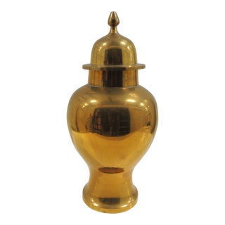 Vintage Tall Polished Brass Ginger Jar Urn With Lid For Sale