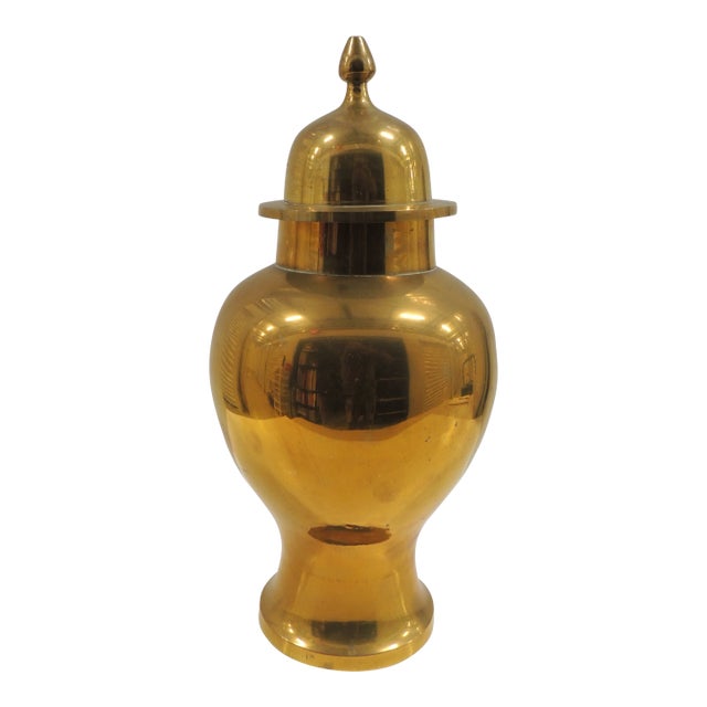 Vintage Tall Polished Brass Ginger Jar Urn With Lid For Sale