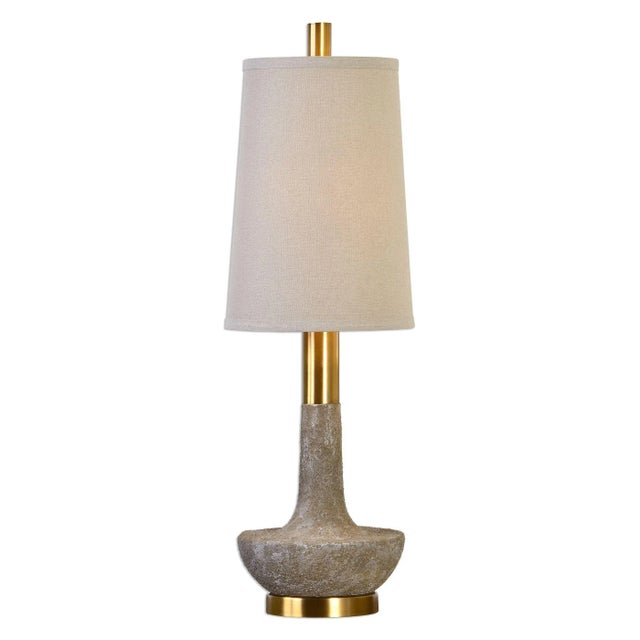 Textured Stone Ivory Finish, Accented With Plated Brushed Brass Details. The Tapered Round Hardback Shade Is An Oatmeal...