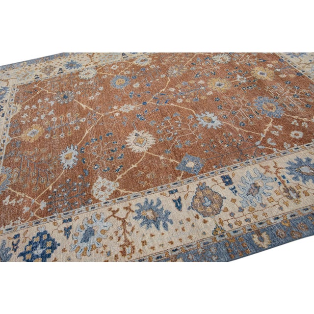 Brown Apadana's Artisan Collection Brown Handmade Floral Pattern Wool Rug For Sale - Image 8 of 11
