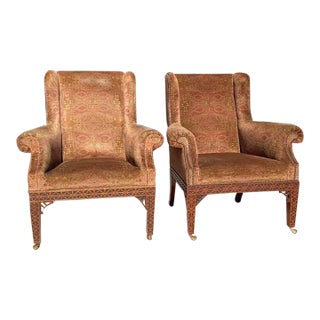 Baker Guinness Wing Back Chairs With Carved Wood and Nailhead Trim - Set of 2 (4 Available) For Sale