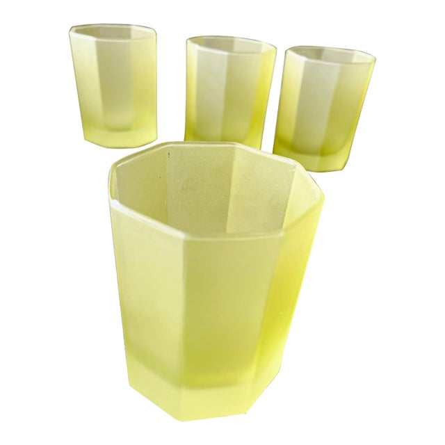 1980s Postmodern Yellow Frosted Hexagonal Low-Ball Drinking Glasses- Set of 4 For Sale