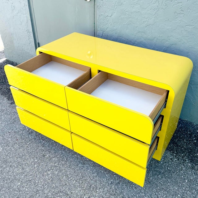 Wood Postmodern Yellow Gloss Laminate Waterfall Dresser For Sale - Image 7 of 7