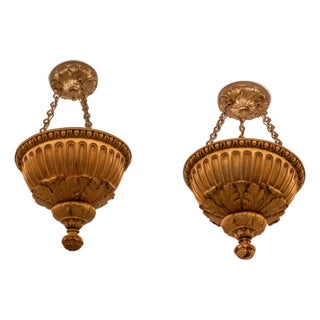 Pair of Vintage Bronze Gold Gilt Ceiling Mount Chandelier Fixtures For Sale