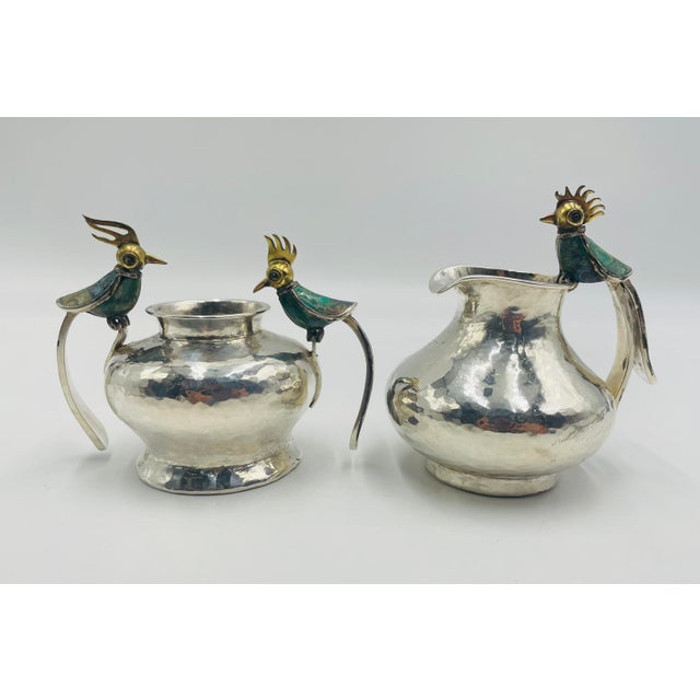 1950s Los Castillo Malachite-Inlaid Bird Creamer & Sugar Set, Taxco Mexico For Sale - Image 10 of 18