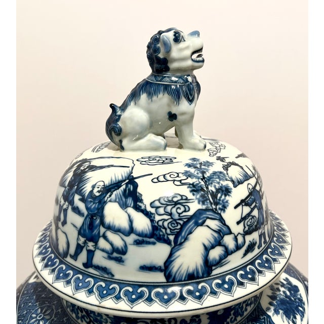 Ceramic Ethan Allen Large Blue & White Porcelain Temple Jar W/ Foo Dog Lid – 25” Chinoiserie For Sale - Image 7 of 12