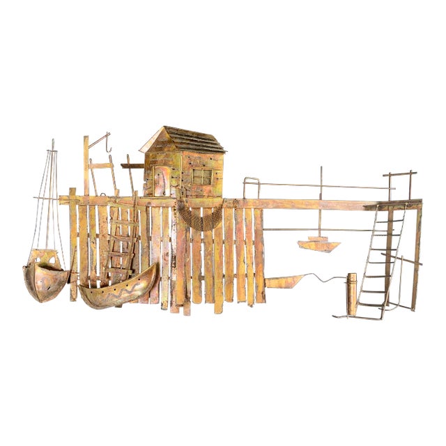 Brutalist Curtis Jere Style Metal Wall Sculpture - Dock With Boats For Sale