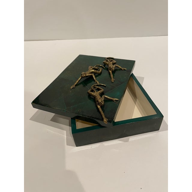 Transitional Green Penshell Box With Brass Monkeys For Sale - Image 3 of 6