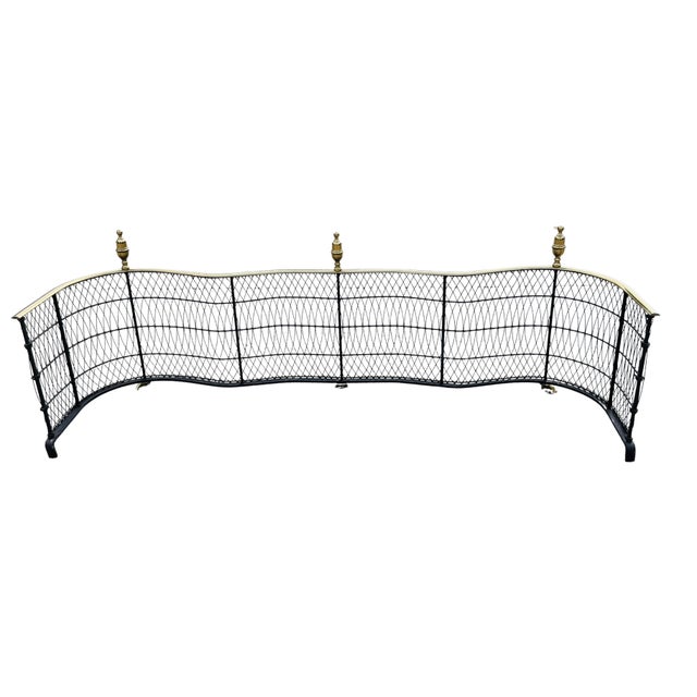 Vintage Brass Fireplace Fender – Federal Regency Serpentine Hearth Guard With Lion’s Paw Feet & Wire Lattice For Sale - Image 9 of 13