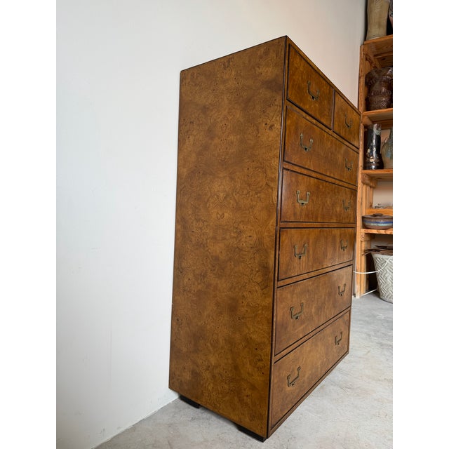 Wood 1970’s Vintage John Widdicomb Campaign Burled Wood Highboy Dresser on Casters With Recessed Brass Hardware For Sale - Image 7 of 13