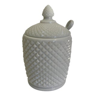 1920s Westmoreland English Hobnail Milk Glass Jam or Honey Jar With Lid and Porcelain Spoon For Sale