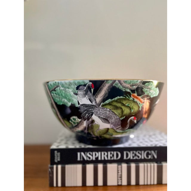 Chinoiserie Vintage Black Chinese Bowl With Cranes For Sale - Image 3 of 12