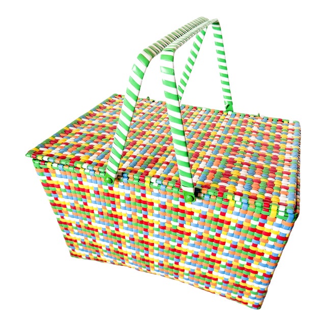 1970s Woven Colorful Picnic Basket For Sale