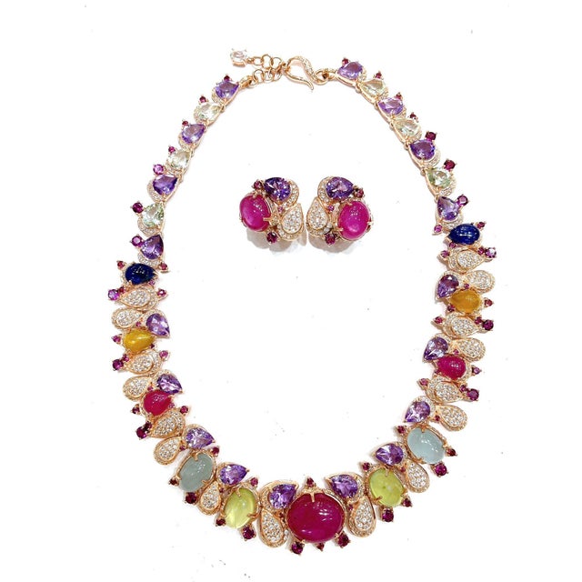 Bochic "Capri" Vintage Red Ruby & Yellow Sapphire Necklace Set in 18K & Silver For Sale - Image 12 of 18