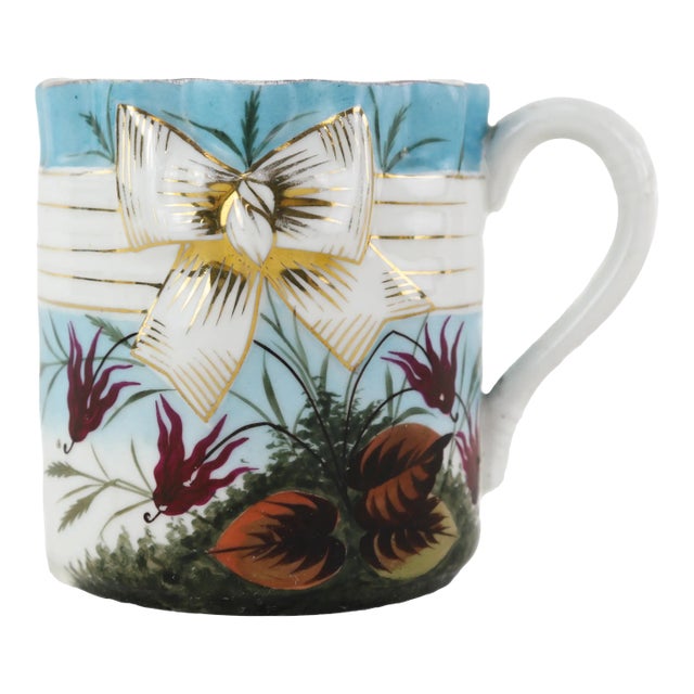 Antique Hand-Painted Porcelain Shaving Mug With Floral and Bow Design For Sale