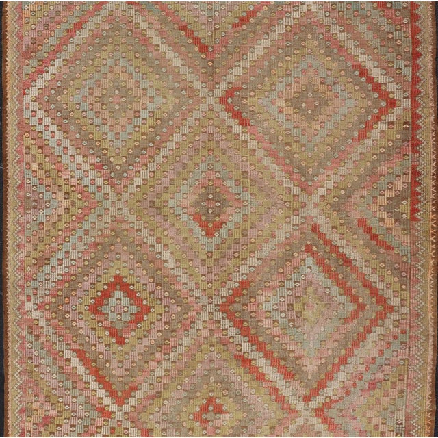 Mid 20th Century Large Vintage Turkish Kilim Rug With Coral, Gold, Sage Diamond Pattern For Sale - Image 5 of 14