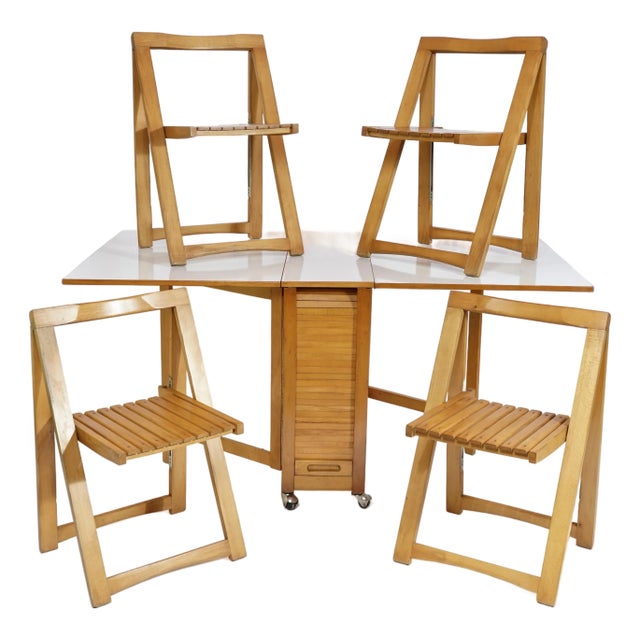 1970s Mid-Century Modern Compact Drop-Leaf Dining Table With 4 Chairs - Set of 5 For Sale