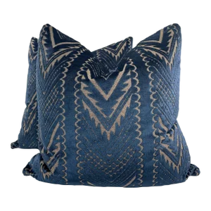 Chevron Stripe Cut Velvet in Navy 22" Pillows-A Pair