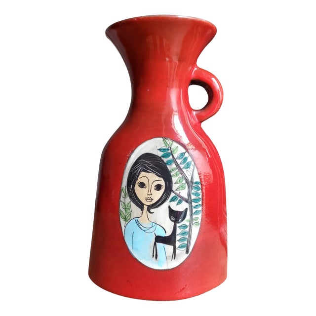 Vintage French Red Glazed Studio Pottery Vase with Female Portrait by Jean de Lespinasse, 1950s For Sale