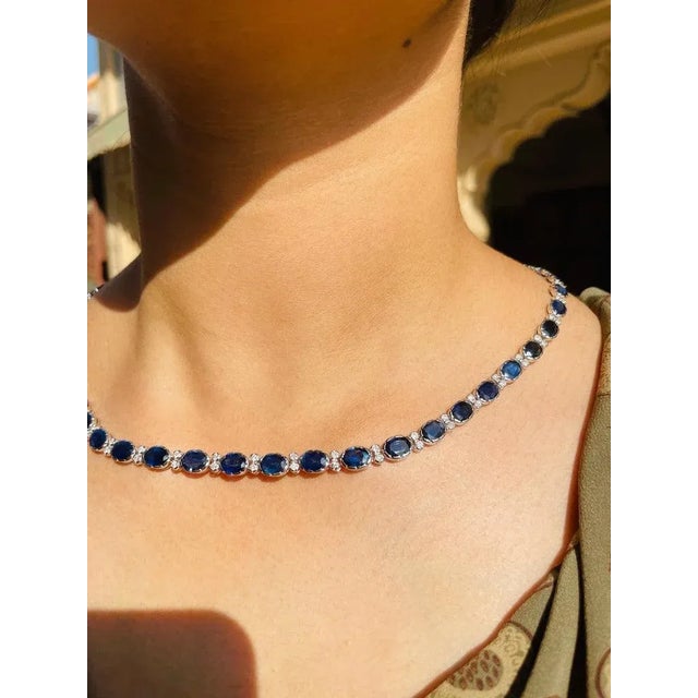 Blue Sapphire Royal Necklace in 18k White Gold With Diamonds- 34.5 Ct & 16 Inch For Sale - Image 4 of 14