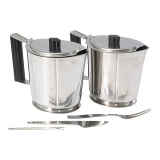 1920s Georg Jensen Serving Set Knife / Forks + Gense Pair of Teapots Stainless - 5 pcs For Sale