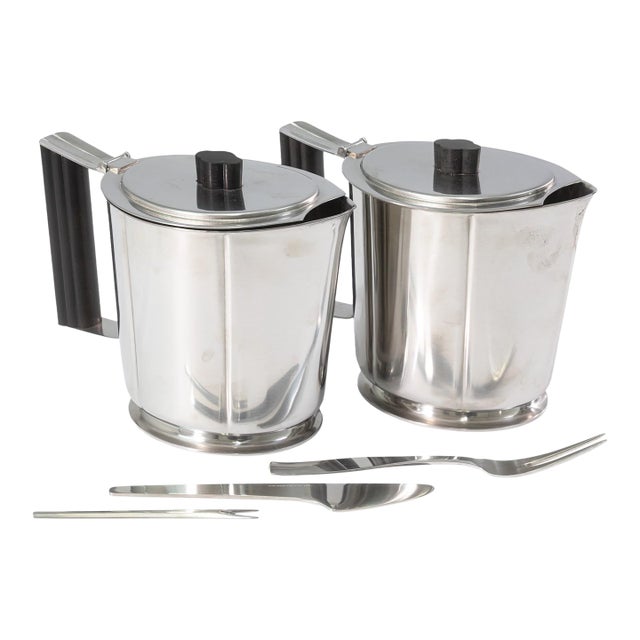 1920s Georg Jensen Serving Set Knife / Forks + Gense Pair of Teapots Stainless - 5 pcs For Sale
