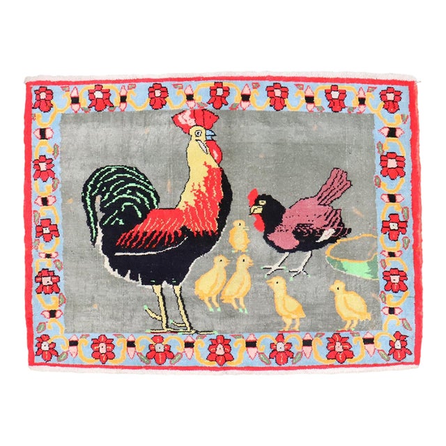 Cotton Persian Pictorial Rooster Bird Rug no. j4659 For Sale