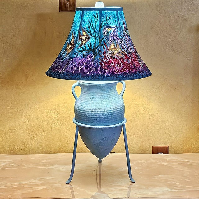 Turquoise Late 20th Century Coastal Custom-Painted Coastal Ceramic Amphora Table Lamp With Mermaid & Seahorse Shade For Sale - Image 8 of 18