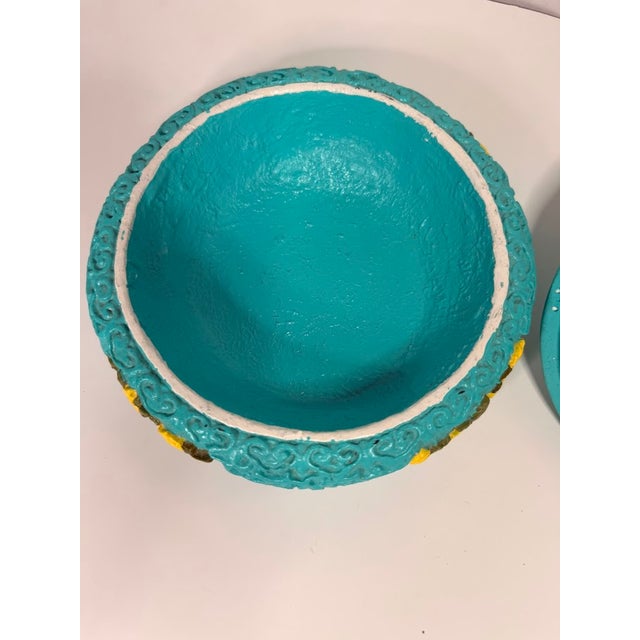 Turquoise Vintage Style Turquoise Blue Round Trinket Box With Yellow Raised Floral Relief Florentine Plaster For Sale - Image 8 of 9
