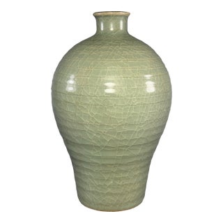 Antique Chinese Celadon Crackle‑Glaze Meiping Vase, Collectible Antique For Sale